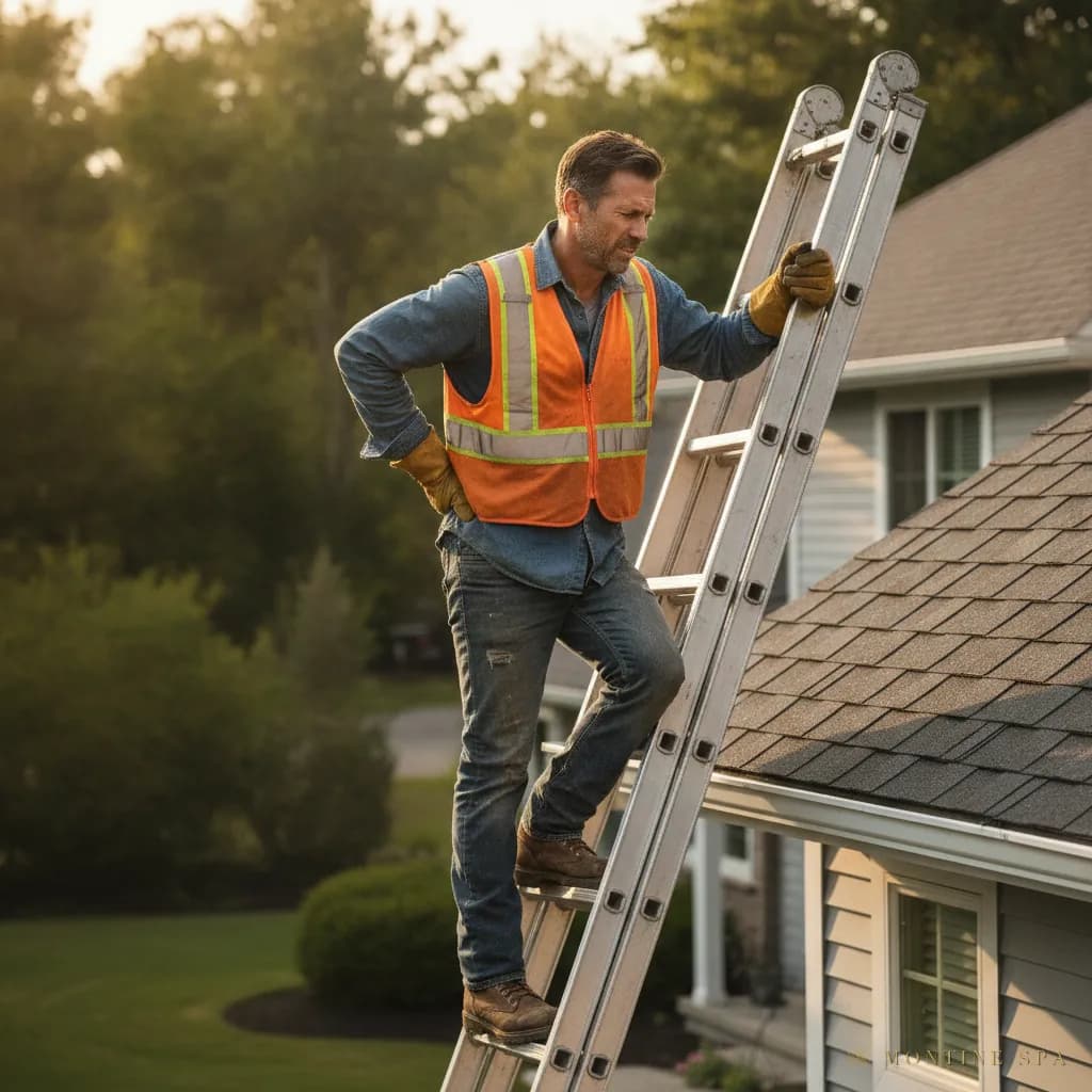 Roofer on a ladder holding his lower back in pain