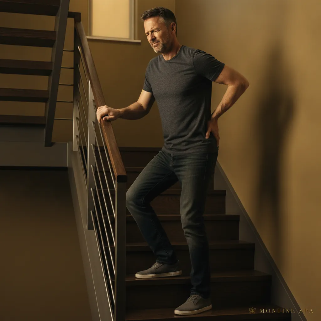 Man climbing stairs with his hand on his aching lower back