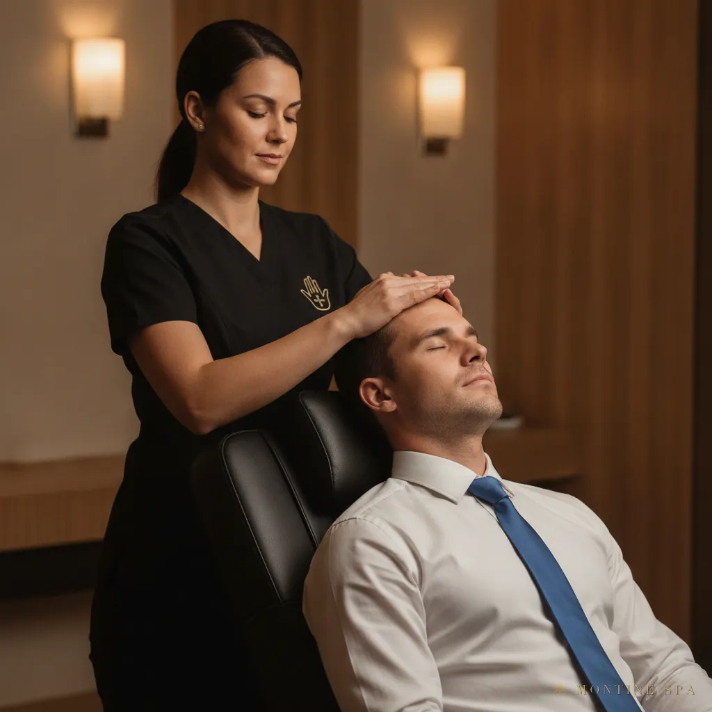 Licensed therapist giving a seated head and neck massage